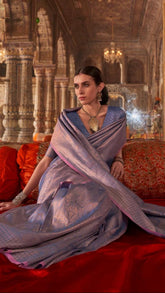 Lavender and Gold Handloom Zari Weaving Kanchi Soft Silk Saree